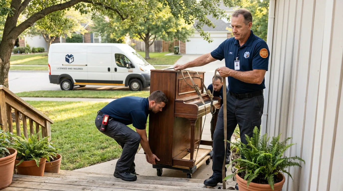 Licensed piano movers securing grand piano in New Tazewell, TN