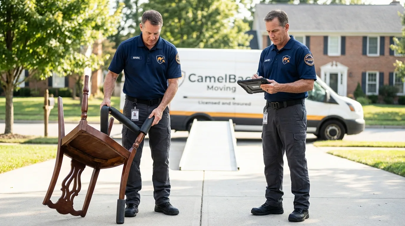 Movers inspecting furniture for damage prevention before loading in New Tazewell, TN