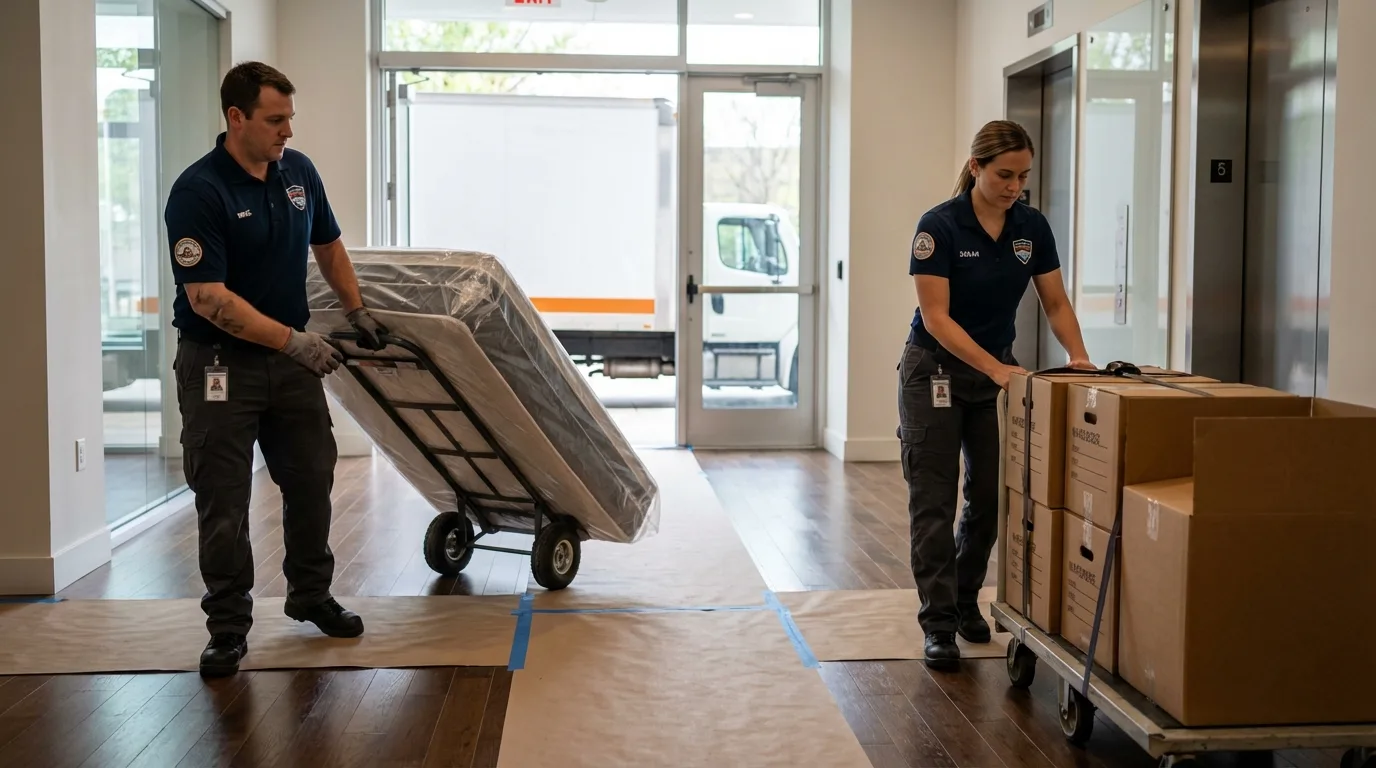 Professional apartment movers loading elevator in New Tazewell, TN