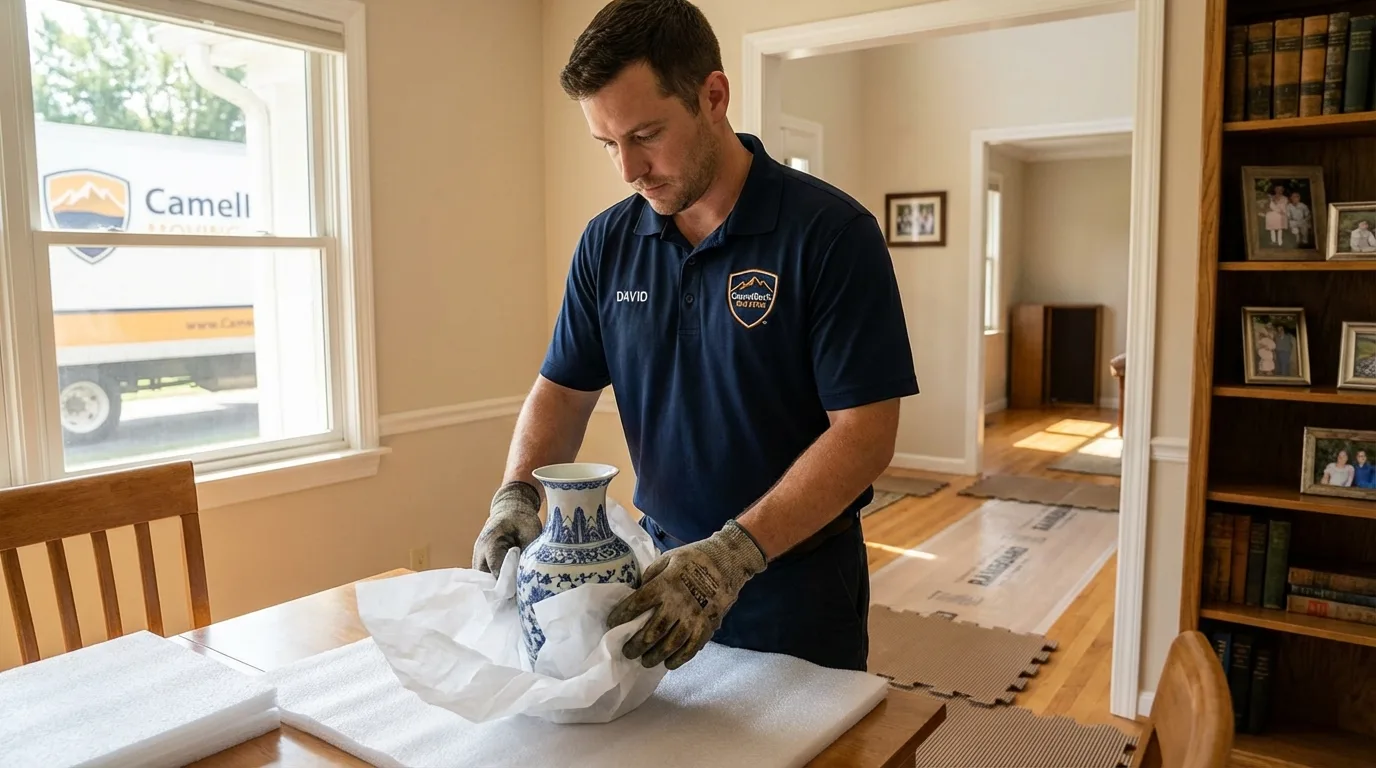 Professional crew carefully wrapping antique vase for senior downsizing move in New Tazewell, TN